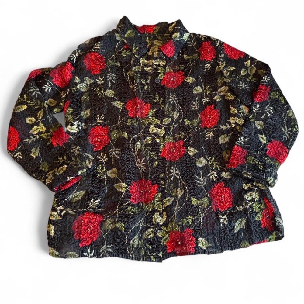 Black Vintage Crinkle Floral Button Up Blouse